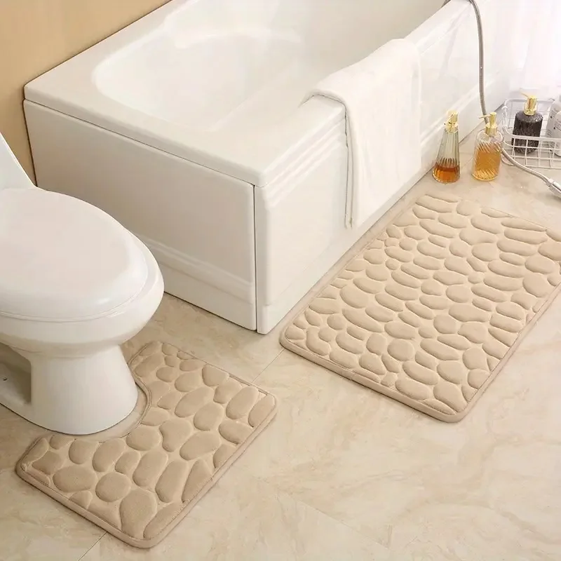 2PC embossed stone pattern toilet mat door mats absorb water mats non-slip carpet mat, can wash strip carpet home decoration