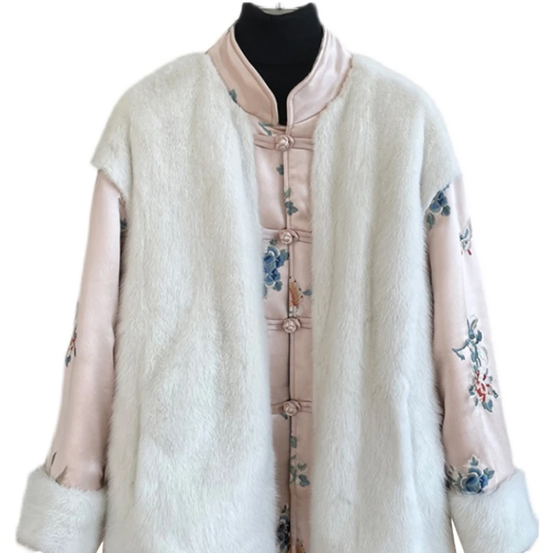 New Whole Mink Fur Coat Cotton Padded Clothes Women's Mid-Length Mink Fur Warm Coat Embroidered Chinese Style