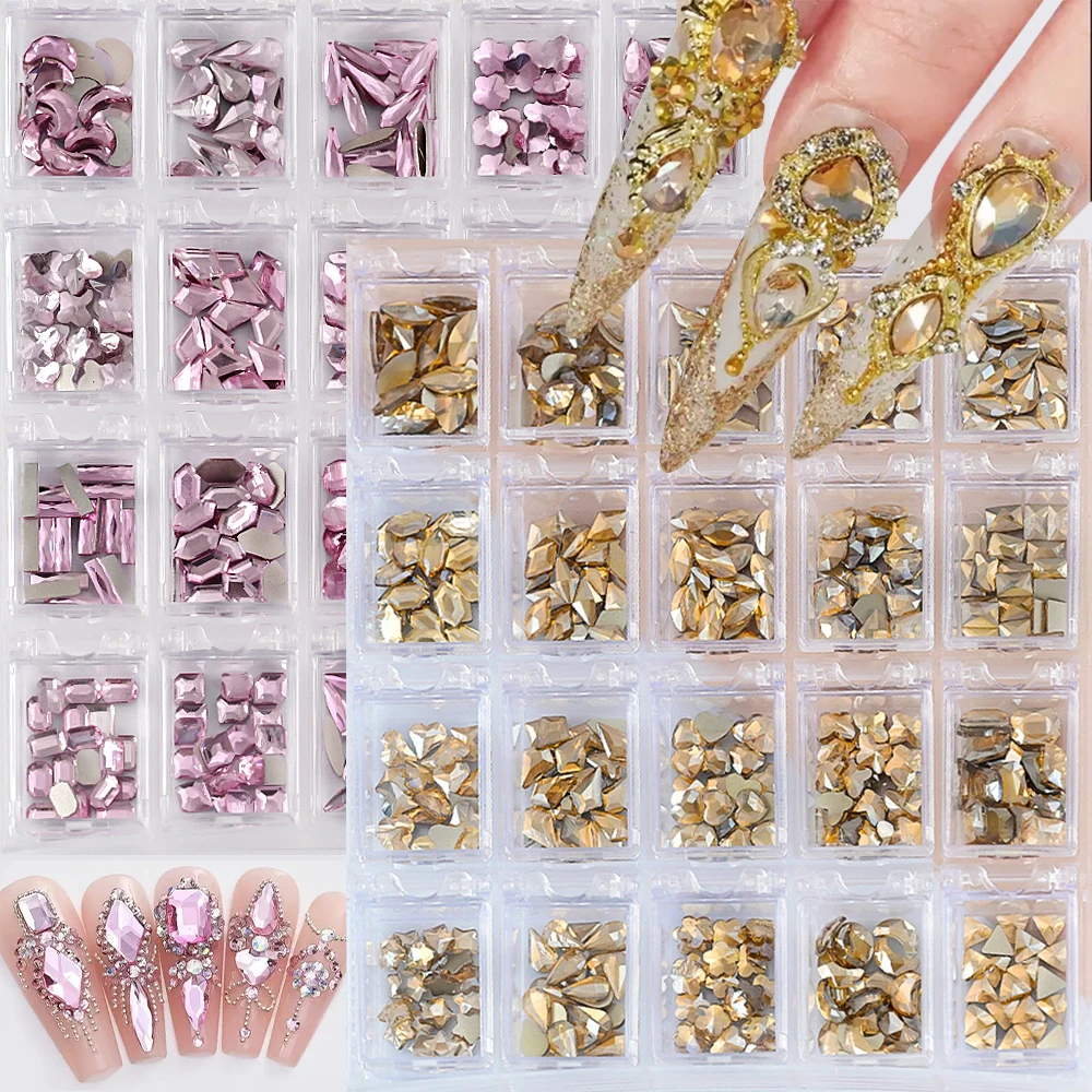 20 Styles Moon Square Drop Shape Nail Rhinestones Luxury Pink Golden Mixed Nail Gems Charms Glitter DIY Manicure Crystal Jewelry