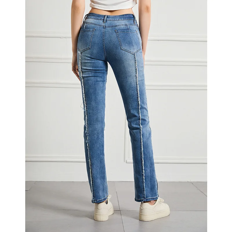 Women Denim Straight Pants Fashion Slim Edge Splicing Jeans Leggings Stretch Leggins Trousers Spring Elastic Vintage Streetwear