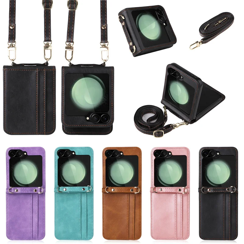

Crossbody Bag Fashion Leather Phone Case For Samsung Galaxy Z Flip 6 5 4 3 Flip5 Flip4 Flip3 5G Long Lanyard Wallet Card Cover