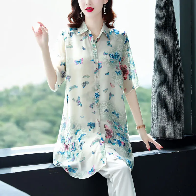 

Temperament Fashion Summer New Women's POLO Collar Printing Single Breasted Casual Loose Mid-length 3/4 Sleeve Chiffon Shirt Top