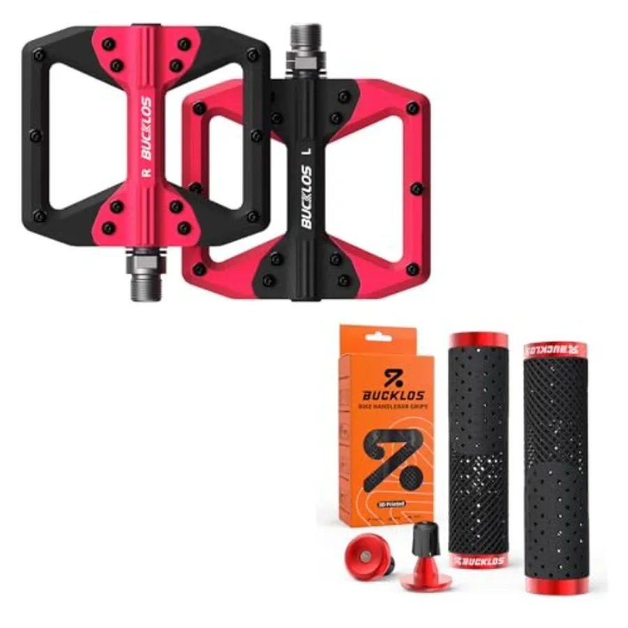 

MTB Red-Black Flat Pedals Mountain Bike Pedals Aluminum Alloy Non-Slip Pedal and GR800 3D Printed Red TPU Non-Slip Bike Handleb