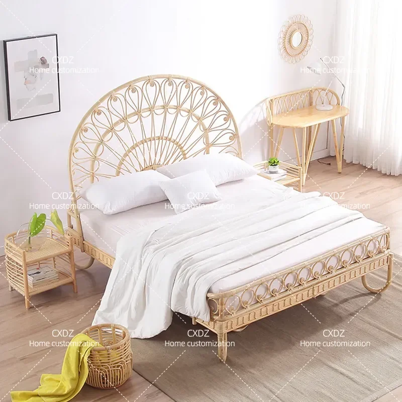 Japanese Style Rattan Bed Frame Modern Simple Double Bed 1.8m Natural Woven Art Furniture for Bedroom Hotel Home Decor