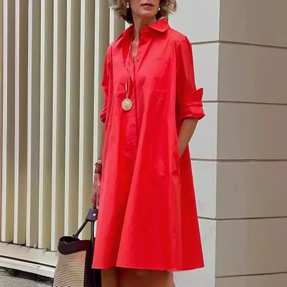 Vestidos ผู้หญิงชุดยาวสีทึบหลวม Fit Turndown COLLAR Elegant Splice ปุ่มอารมณ์เสื้อชุด 2025 สบายๆ