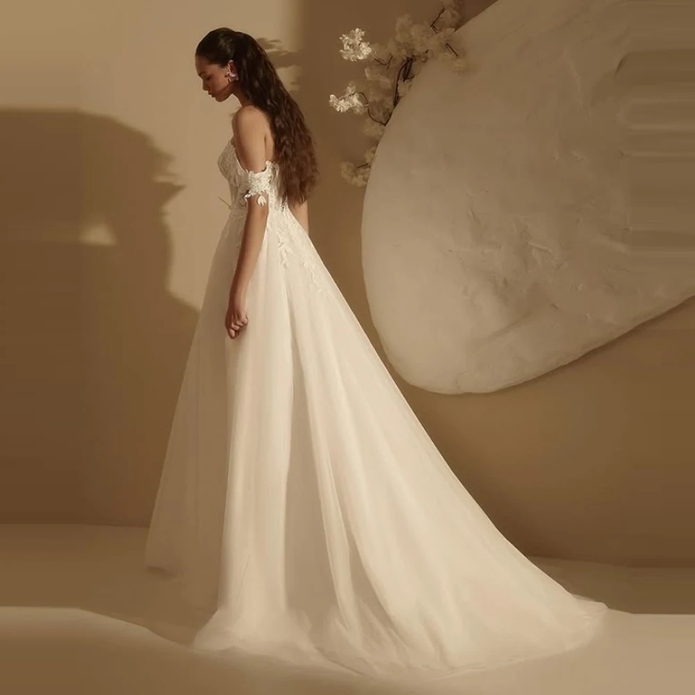 

Off The Shoulder Tulle Women Wedding Dresses Elegant Backless A-Line Bridal Gowns Princess Banquet Vestidos De Novia Customized