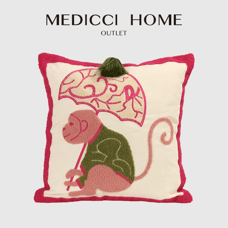 Medicci Home Chinoiseries Monkey With Umbrella Tufted Pillow Cover Luxury Handicraft Charming Cushion Case Brighten Your Space