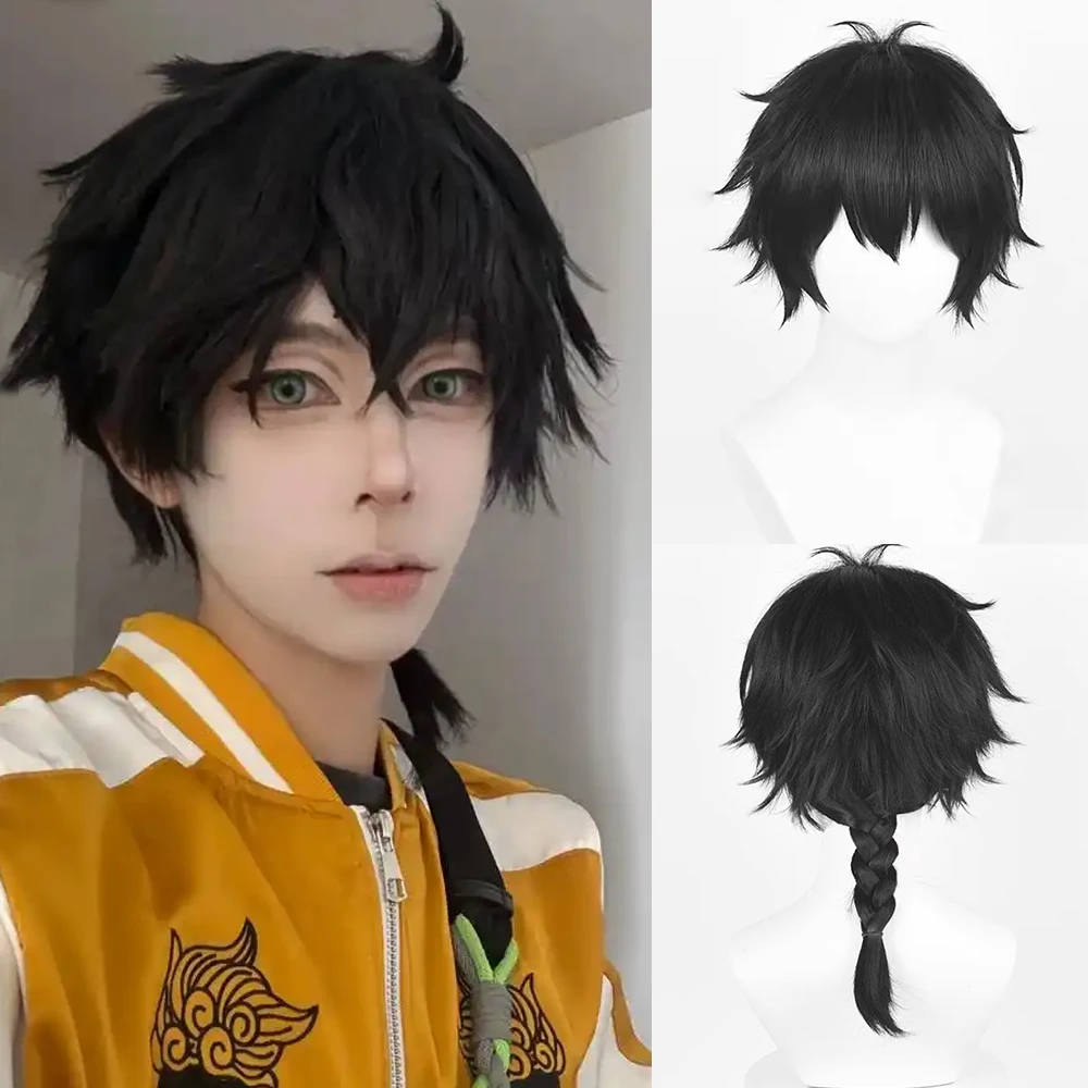 

Black Braided Anime Cosplay Wig Short Straight Synthetic Wigs with Bangs Fluffy Men Wig for Daily Party