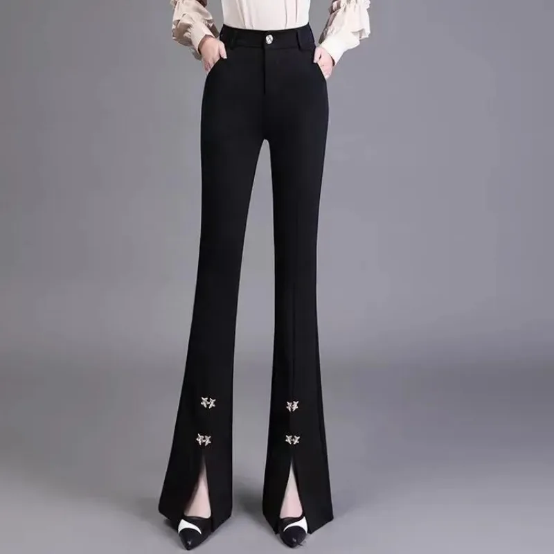 Women's High Waist Flare Pants Split Hem Rhinestone Embellished Tailored Trousers Casual Office Wear