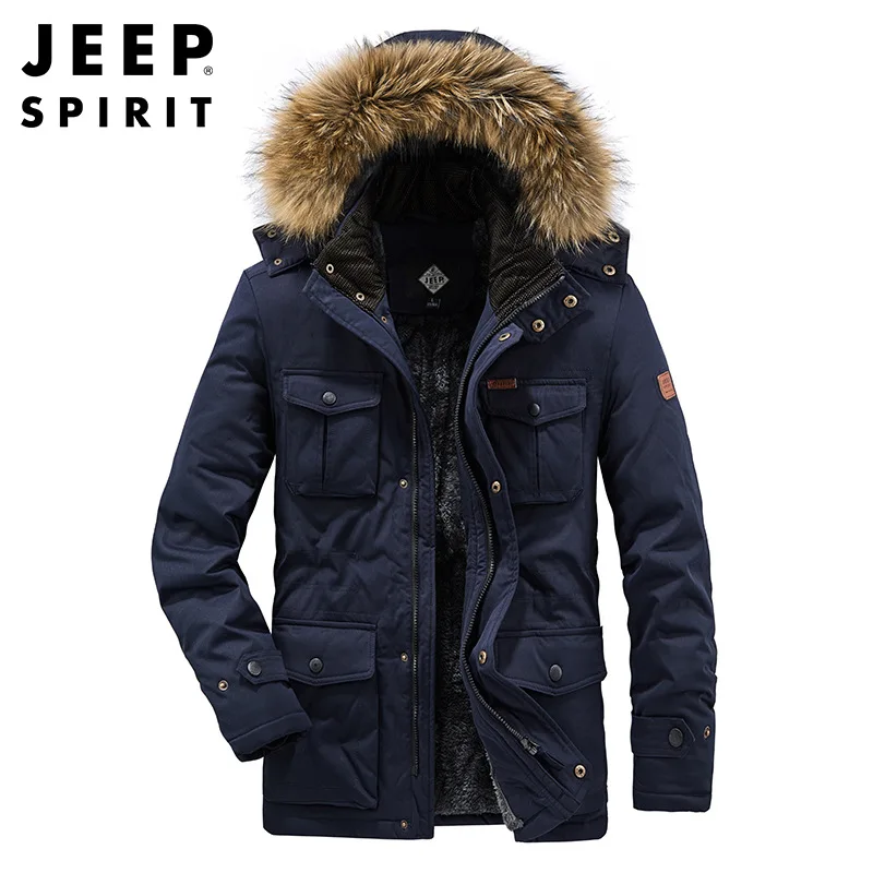 JEEP SPIRIT warm cotton coat men autumn winter coat thickened velvet windproof  cold-proof big fur collar high-quality clothes