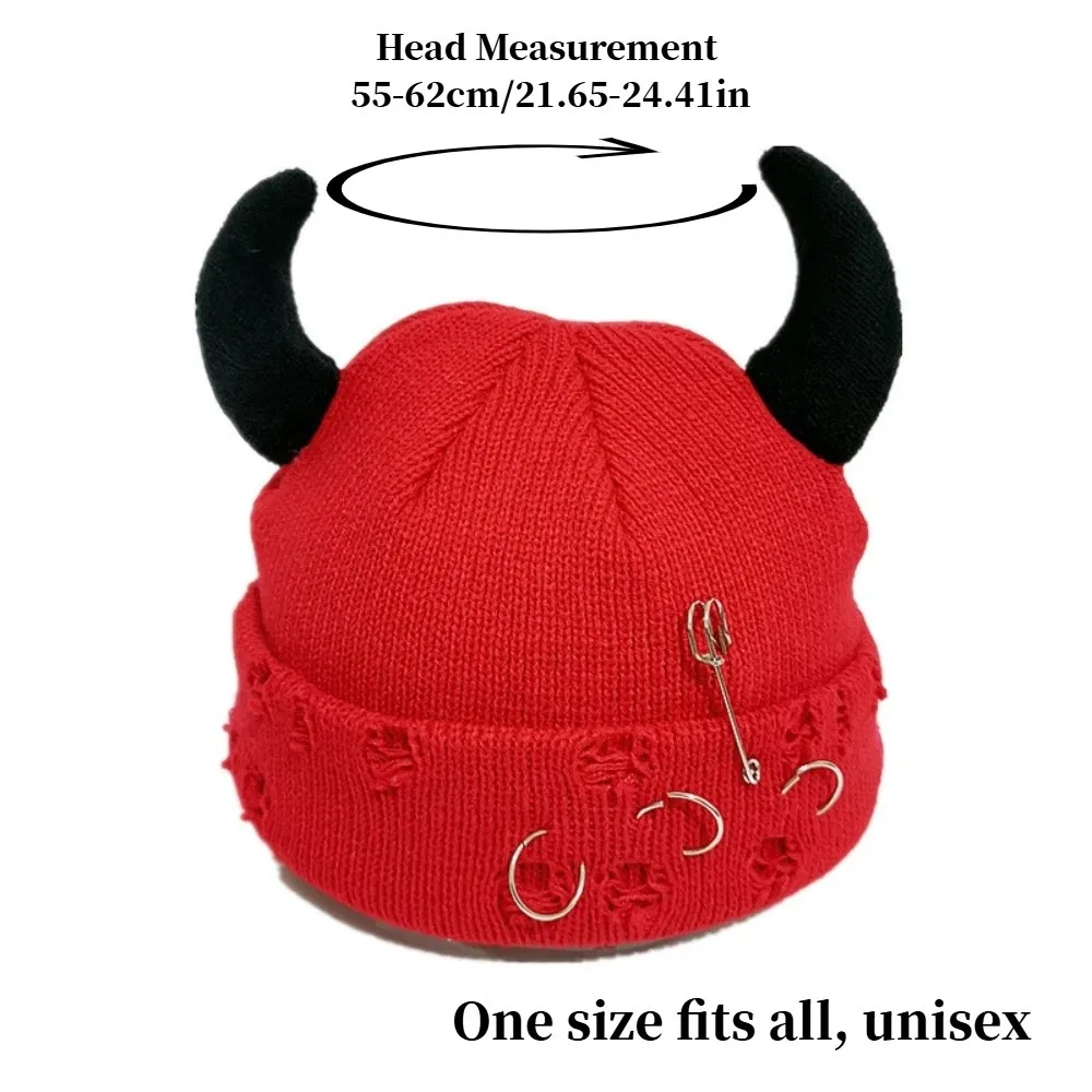 شخصية مع قرون الشيطان الشتاء قبعة صغيرة محبوكة دبوس الديكور مضحك قبعة الهيب هوب الدافئة بلون المتعثرة قبعة الجمجمة للجنسين #6