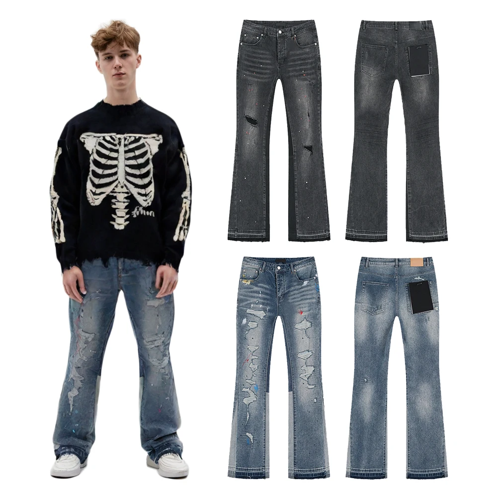 

Y2k Streetwear Clothing Baggy Jeans with Distressed Ripped Hole Casual Hip Hop Street Style Cotton Retro Patch Work Flared Jeans