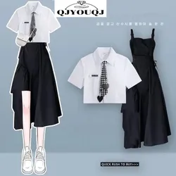 Fashion Women's Set Spring/Summer 2024 New Casual Shirt Black Irregular Strap Dress Age Reducing Two Piece Set