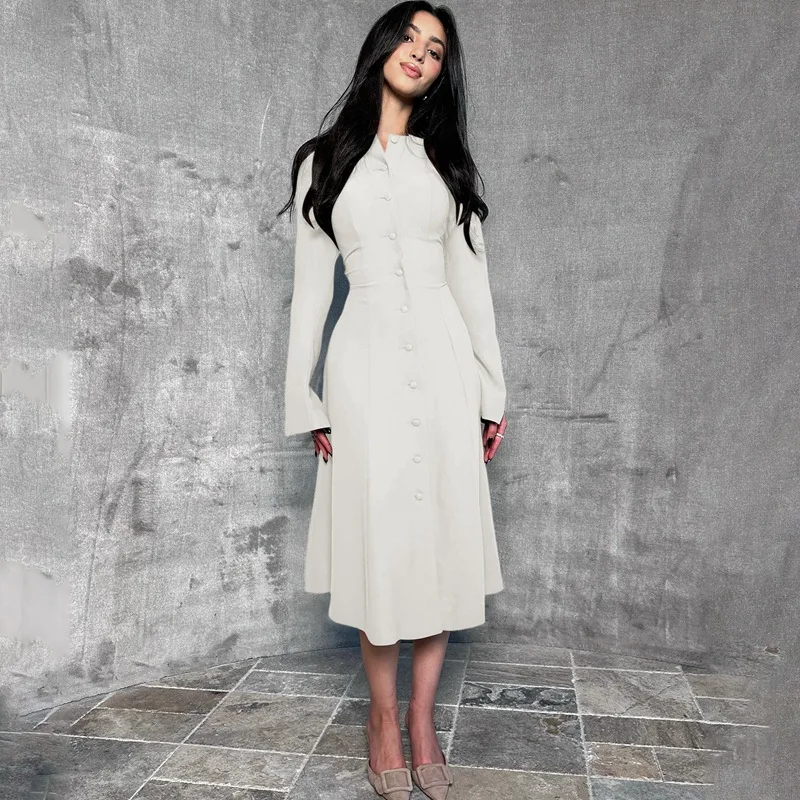 TARUXY Elegant Knitted Cardigan Dress Women's Fashion Button Slim Round Neck Solid Dress Autumn Versatile Party Commuting Outfit