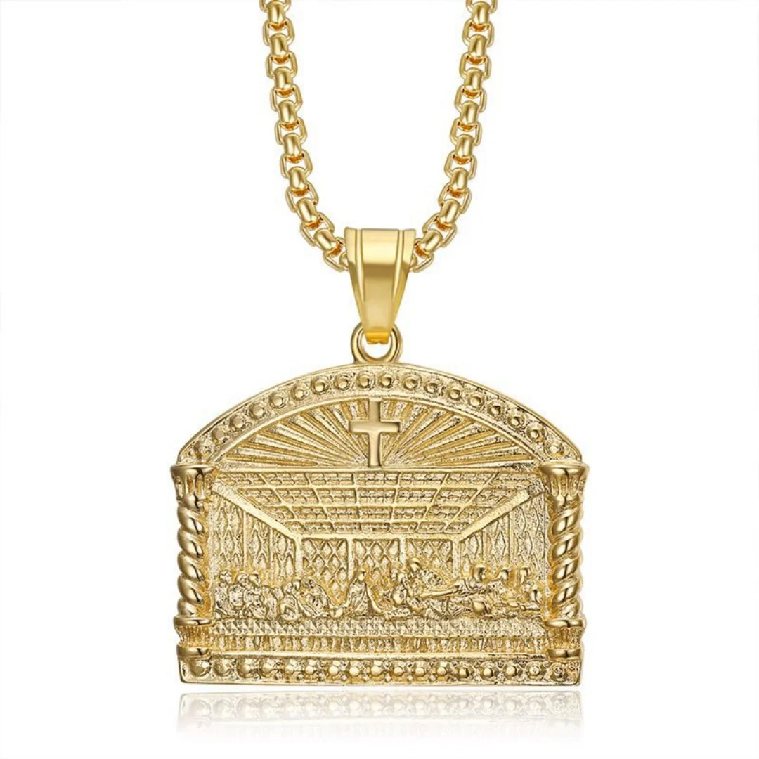 

Vintage Christian Cross The Last Supper Pendant Gold Silver Color Stainless Steel Oil Painting Necklace for Woman Man Jewelry