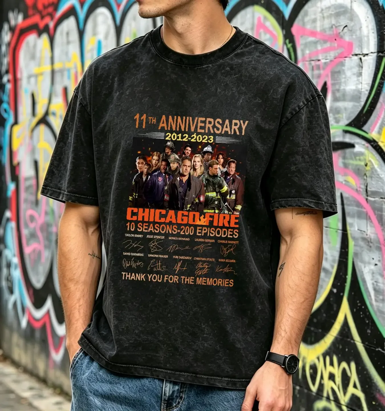 washed T Shirt Chicago Fire Anniversary Movie DepartmenT Men Trendy Thank You For The Memories vintage Washed Unisex graphic