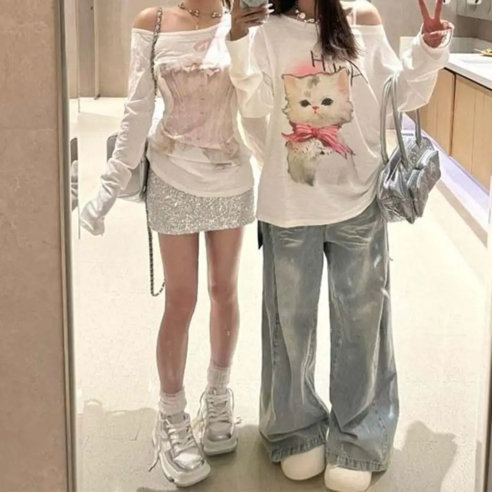 

Cute Slanted Neck Cat Print Shirts Top Cartoon Animal Letter Long Sleeved T-shirt Thin Loose Sweet T-Shirts Women Women