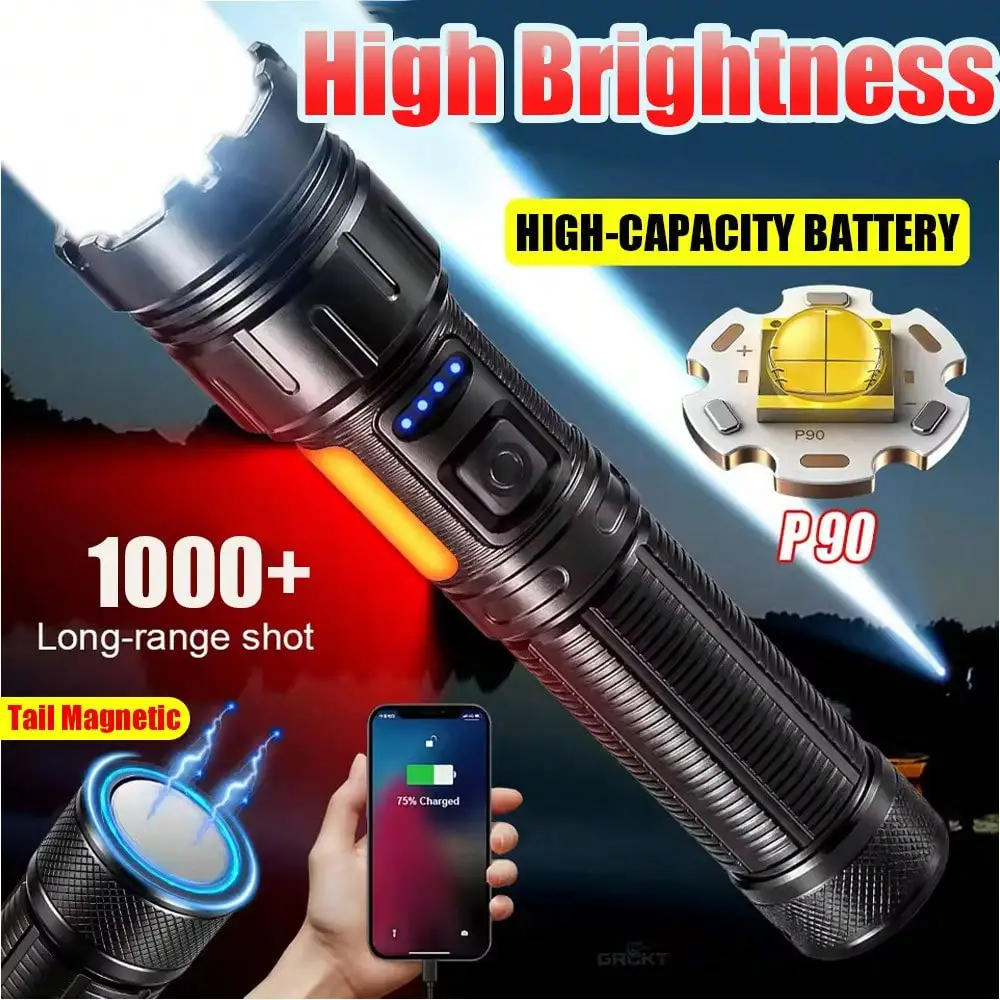 Super Bright LED Flashlight Rechargeable Zoomable Digital Display Tactical Light Waterproof Camping Outdoor Handheld Spotlight