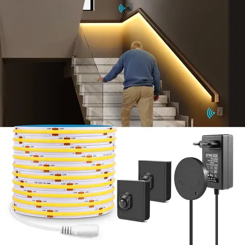 이동식 감지 PIR 모션 센서 LED 스트립 조명 24V COB LED 램프 다이오드 테이프 RF 수신기 계단 거실 조명