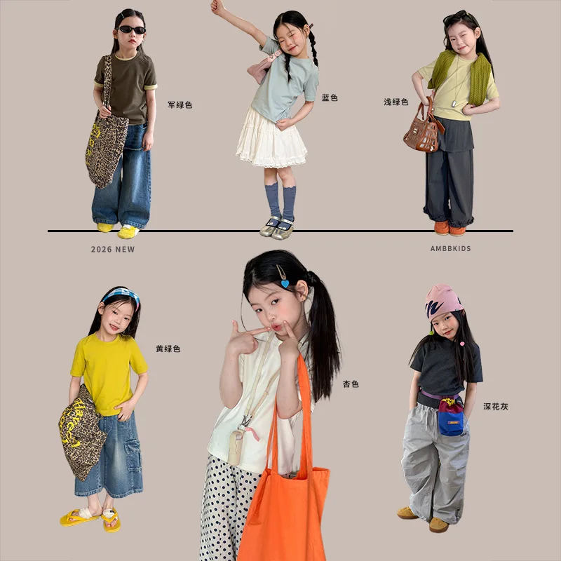 2026 Summer Women Clothing Kids Short Sleeves Korean Fashion Back Small Letter Printed Solid Color Basic T-shirt Boutique