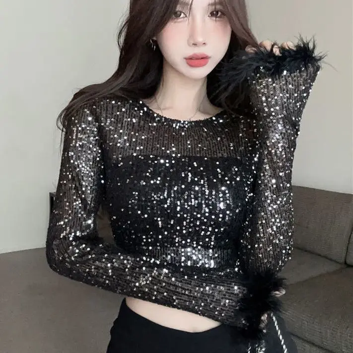 Sexy Sequin Long Sleeved T-shirt for Women 2024 Spring New Spicy Girls with Fur Patchwork Slim Navel Top