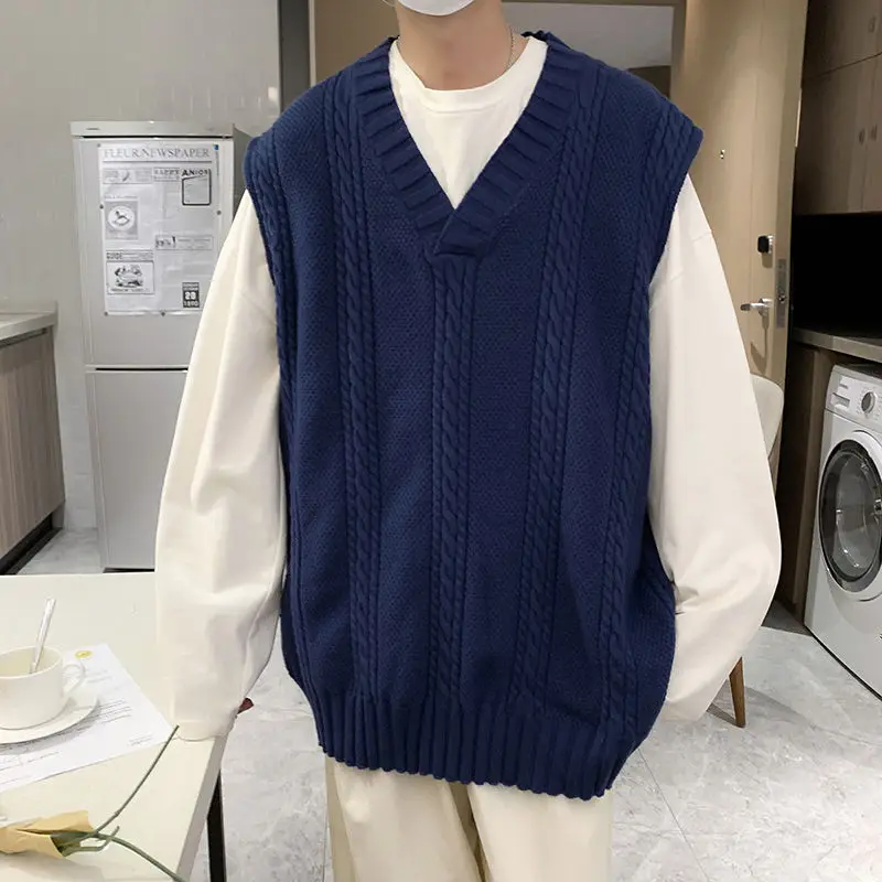 

Sweater Vest Men Baggy Sleeveless Sweaters V-neck Preppy Style Vintage Students Knit Waistcoat Masculina All-match Jumper Y157