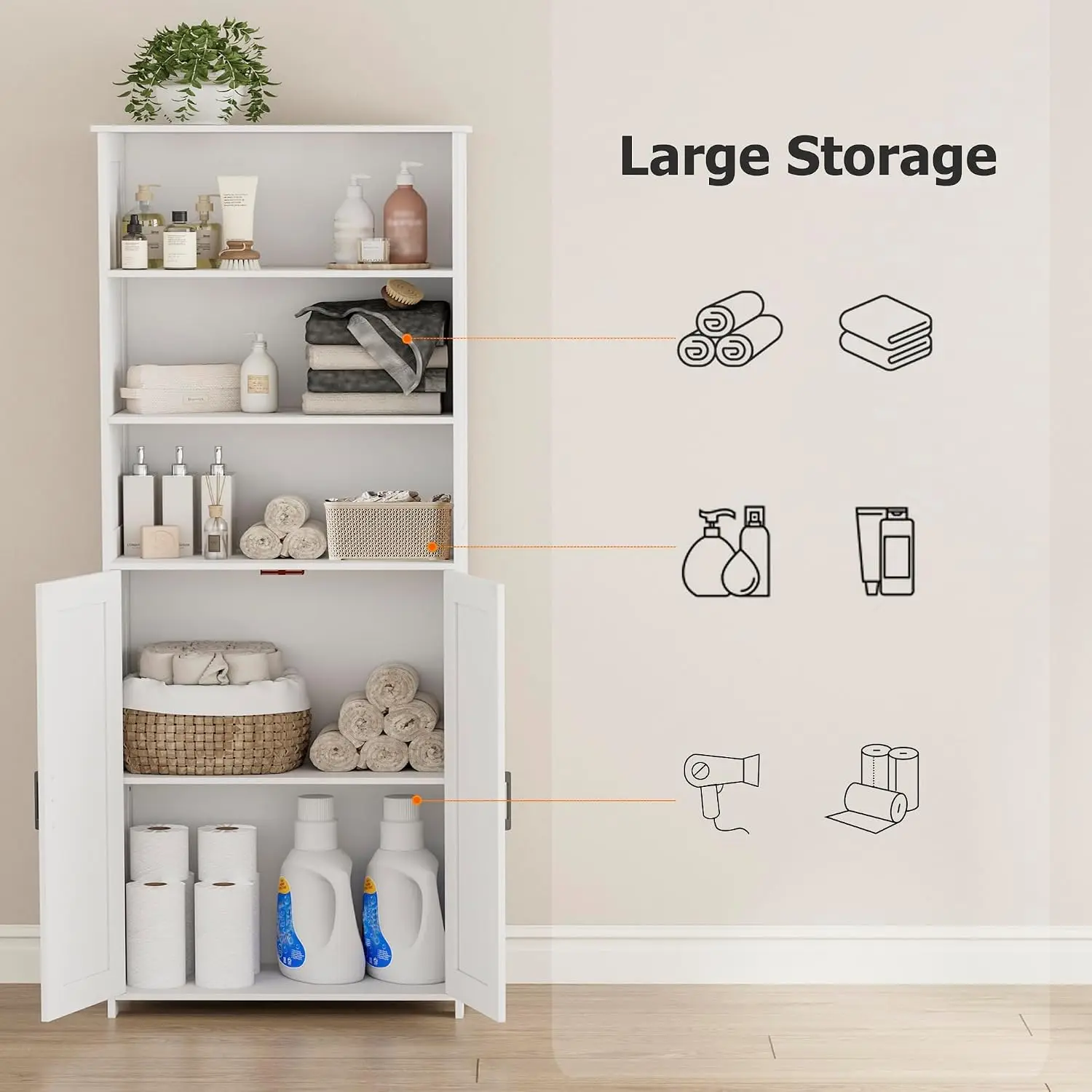 Tall Bathroom Storage Cabinet, Freestanding Floor Linen Tower Organizer With Adjustable Shelves And Double Doors, Farmhouse Pantry Cupboard Rack For Living Room Laundry Room, White view 3