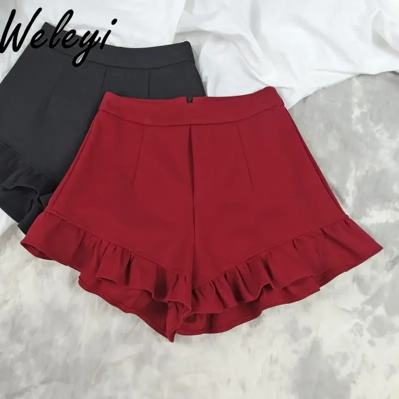 Fungus Fishtail Ruffle Edge Pleated Short Skirt Pants Woman Autumn and Winter Thin High Waist A-line Large Size Wide Leg Shorts