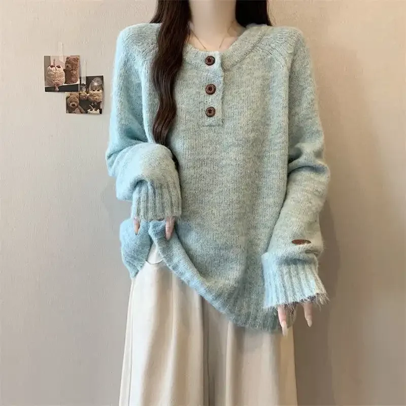 Autunno e inverno stile pigro morbido e ceroso tinta unita casual camicia con fondo allentato top maglione lavorato a maglia stile coreano