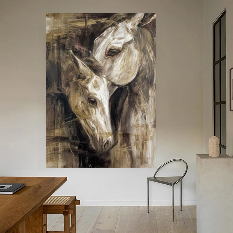100% Handmade Abstract Oil Painting On Canvas Dark Gray Textured Arabian Horse Wall Art Picture for Home Living Room Decor