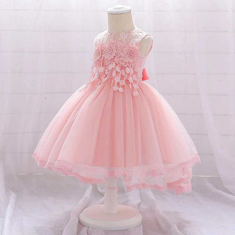 Cute Baby Girl Pink Princess Dress Newborn Kids 1st Year Birthday Party Embroidery Flower Costume Infant Bow Baptism Clothes