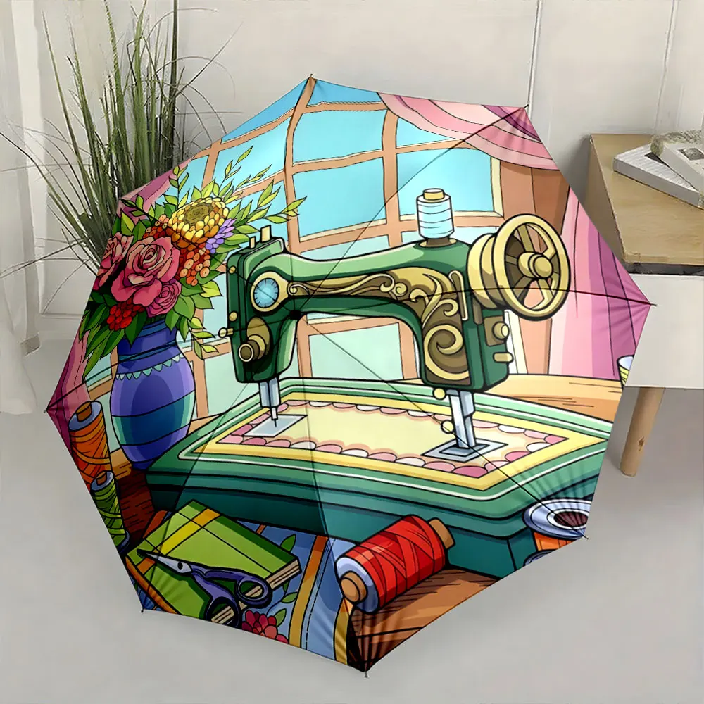 1PC Colorful Sewing-Themed Umbrella Design for Craft Lovers Print 8 Iron Ribs Folding Umbrella Auto-Open Fashion Sunshade