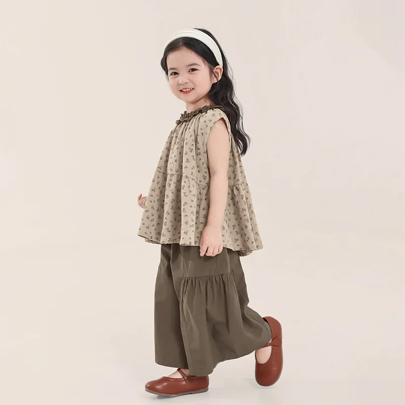 

Girls Top 2025 Summer New Childrens Clothing Korean Style Girl Baby Fashion Retro Floral Sleeveless Shirt Casual Simple Daily