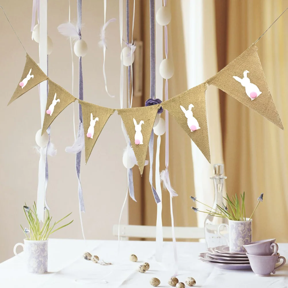 

2M Rabbit Triangle Flags Bright Color Premium Burlap Easter Decorations Party Photo Props Vintage Garland Banner