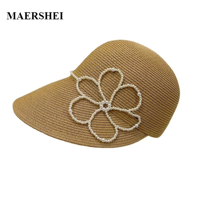 Summer Hats for Women French Elegant Equestrian Hat Female Retro Pearl Flower Straw Cap Summer Sun Protection Shade Straw Hat