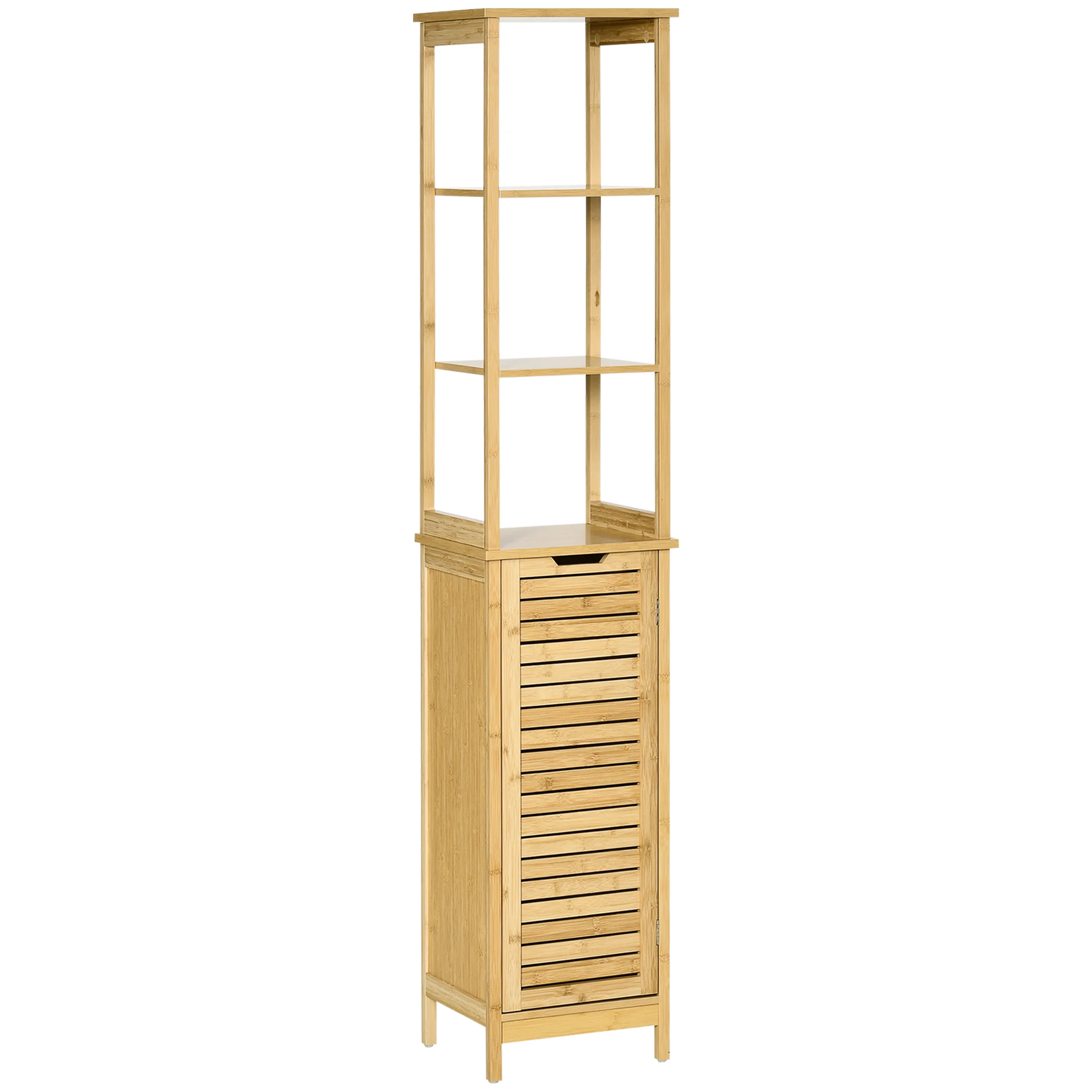 Kleankin bamboo bathroom shelf high cabinet for bathroom with 3 shelves and 1 door furniture storage column for living room kitchen 34x30x173 cm Natural