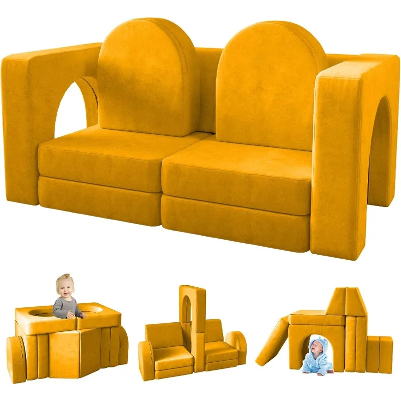 Yellow 10 in 1 Multi-functional Play Couch for Playroom Bedroom Sofa for Playing Creativing Sleeping Indoor Couch Outdoor Toys