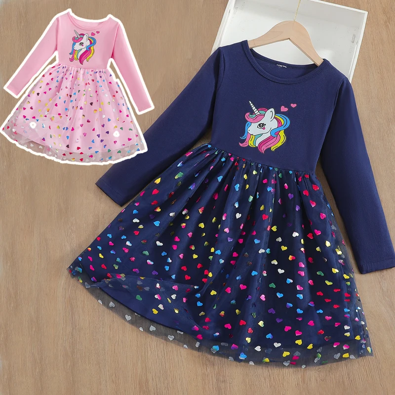 

2025 New Unicorn Princess Dress Girls Dress Tutu Spring Kids Clothes Birthday Party Dress Long-sleeved for Children Rainbow 2-8Y