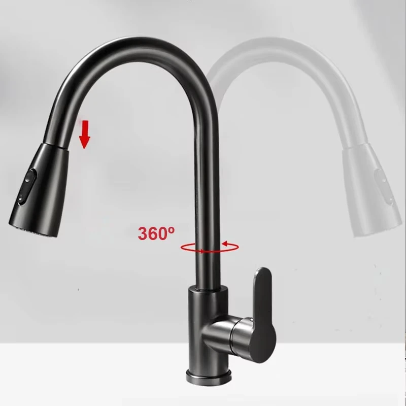 Stainless Steel Kitchen Faucet, Single-Hole Pull-Out Spout, Kitchen Sink Mixing Faucet, 360° Rotating Cleaning Faucet