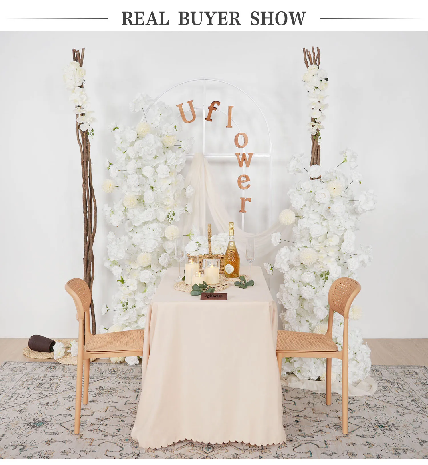 

Uflower Artificial Flower Row White Rose Orchid Pompom Wedding Backdrop Arch KT Decor Floral Row Runner Event Party Props