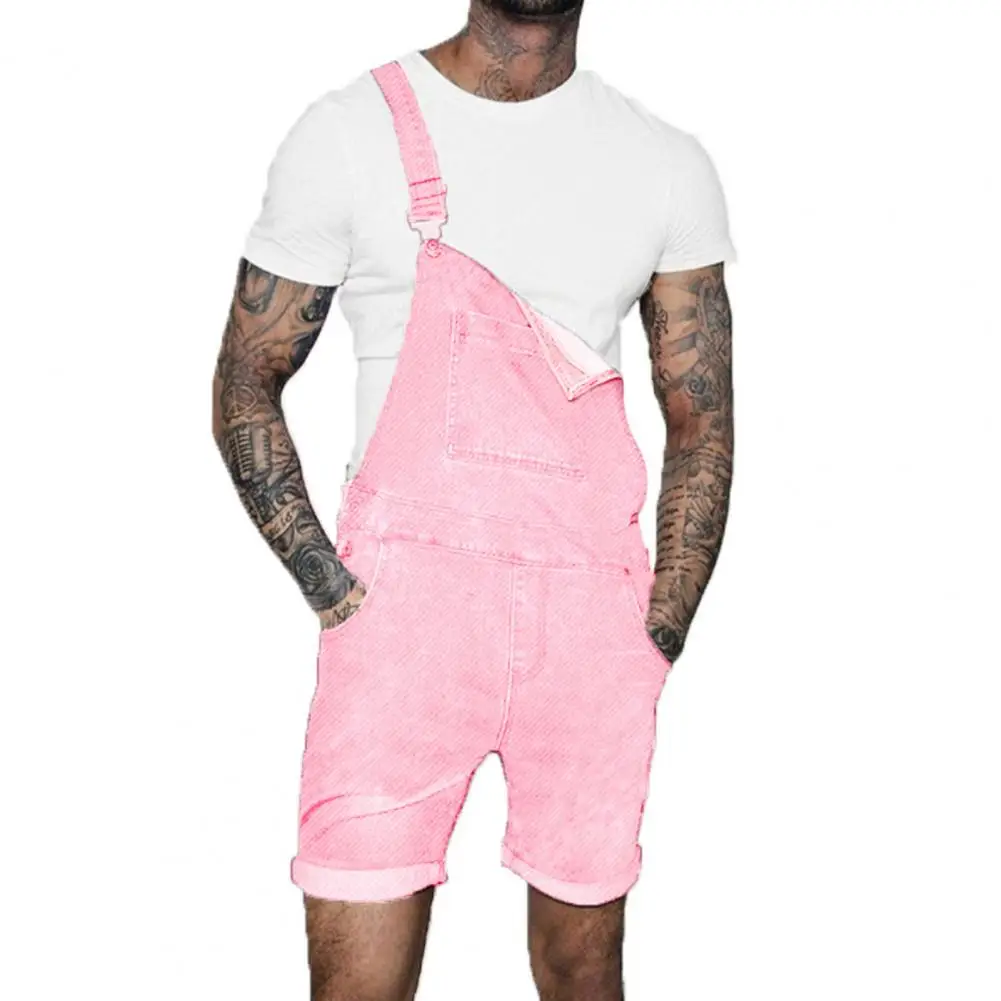 Pink Denim Overall Shorts for Men Fashion Hip Hop Streetwear Mens Jeans Overall Shorts Plus Size Summer Short Jean Jumpsuits