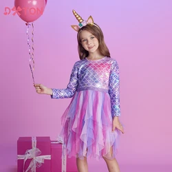 DXTON Herbst Prinzessin Kleid Meerjungfrau Kinder Geburtstag Party Mädchen Kleid Unregelmäßige Layered Prom Kinder Langarm Kostüme 3-8Y