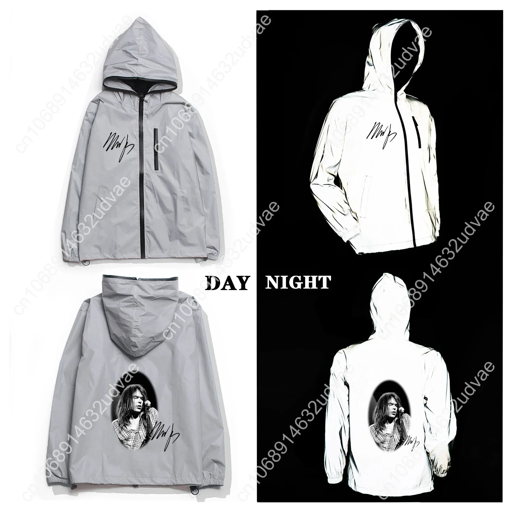 Neil Young Reflective Jacket Mens Womens Coat Hooded Windbreaker Runing Pocket Jackets Cycling Hiking Zipper Customized Hoodie