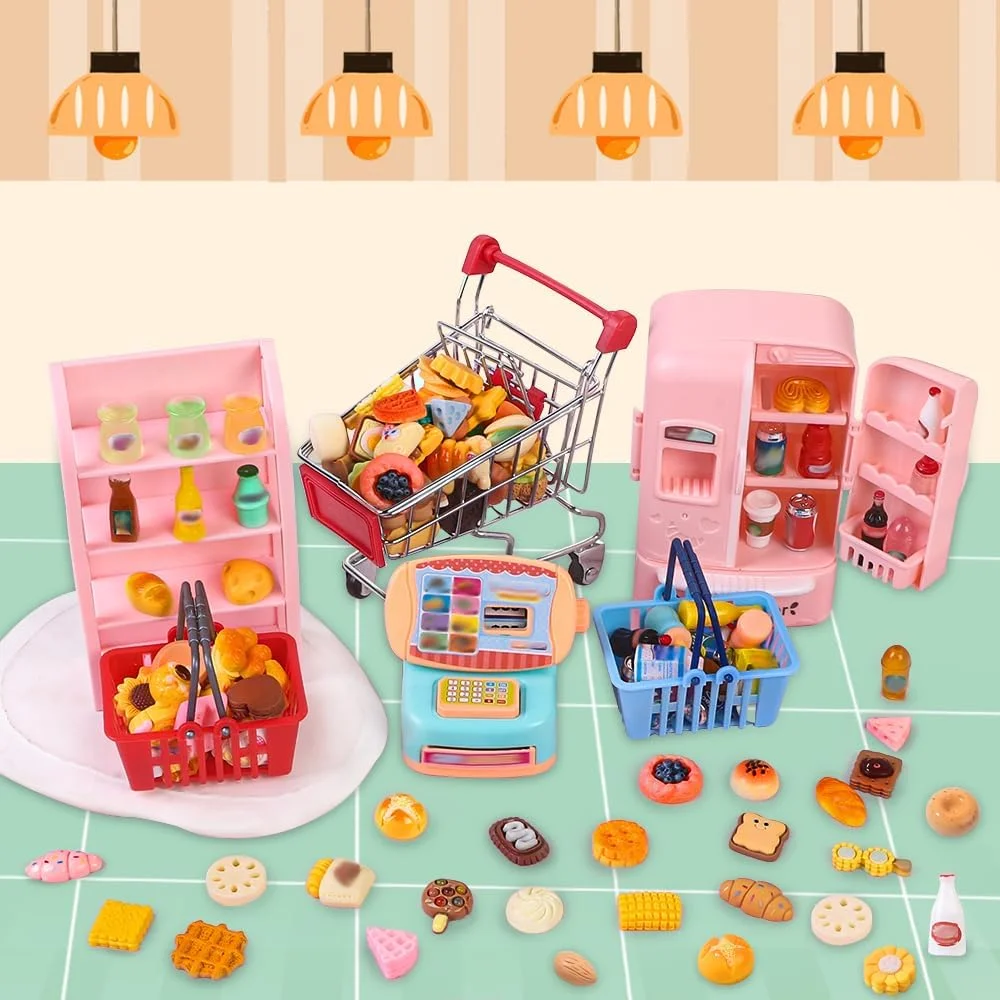 Mini Shopping Cart Basket Miniature Food Drink Bottle Toys, Supermarket Shelve Metal Handcart Cash Register for Dollhouse