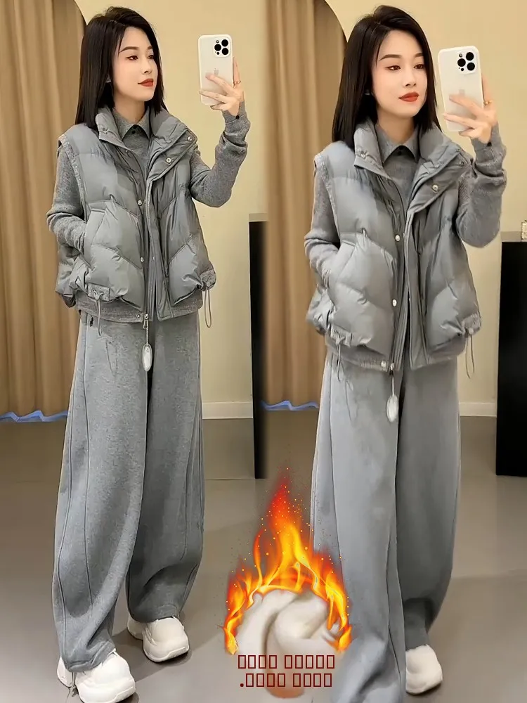 

Женский хлопковый жилет Thiened на пуху, брюки с высокой талией, комплект из футболки, новый зимний повседневный спортивный костюм, теплый, удобный модный