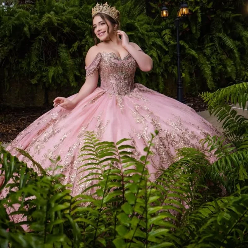 

Shiny Pink Quinceanera Dress off-shoulder Sequins Decal Crystal Long tail vestidos de 15 Quinceanera ﻿Customize