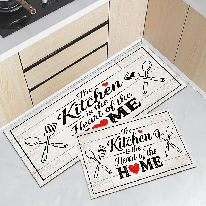 VIKAMA Wooden Quotation Letter Carpet Entrance Anti Slip Floor Mat Retro Fork Spoon Printed Floor Mat Home Decoration