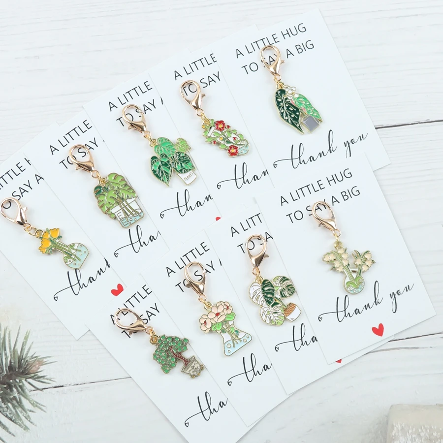 9pcs Green Potted Plant Keychain Decorations, Creative Couple’s Gift, Cute Bag and Zipper Handle Accessories, with a Thank-You C image 3