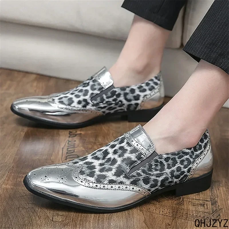 Pointed Leopard Print Patent Leather Men's Platform Loafers Mixed Patchwork Casual Dress Shoes Wedding Homecoming Footwear