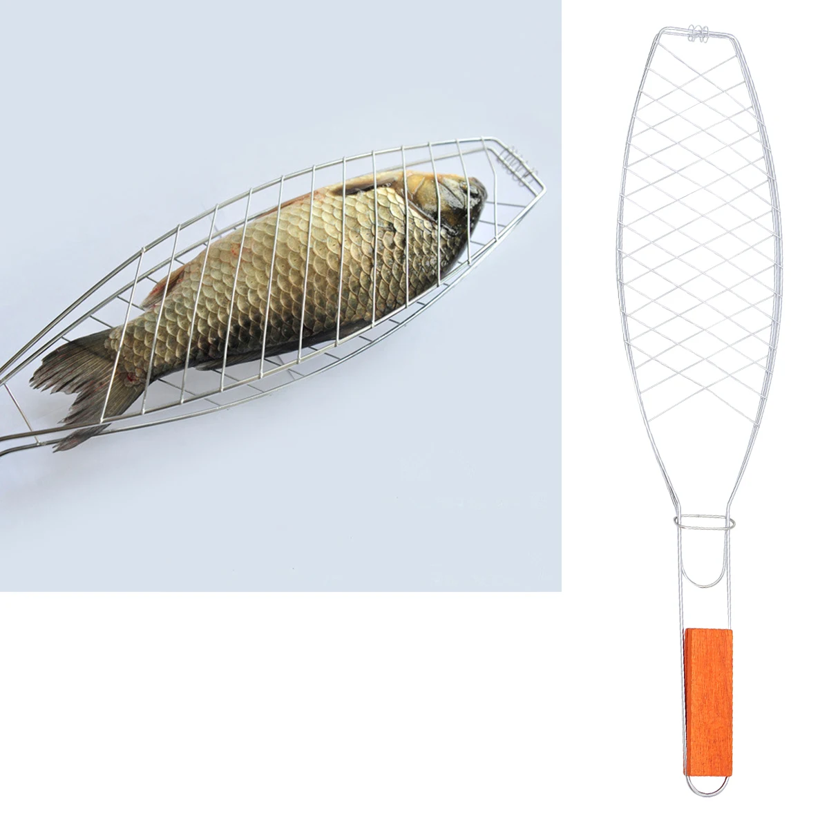 

2 pcs Metal Mesh Barbecue Clip Iron Grilled Net Wooden Handle Fish Grill Rack Outdoor Camping Picnic Bbq Tool Compact Durable